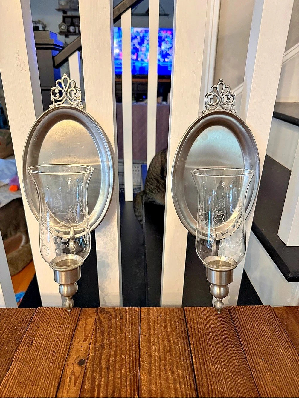 Pair of vintage pewter wall sconce candle holders